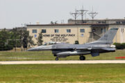 An F-16 Fighting Falcon from the 555th Fighter Squadron from Aviano Air Base, Italy, arrives at Kunsan Air Base, South Korea. Aviano AB Airmen are at Kunsan AB for a 120-day deployment. This is the first time a U.S. Air Forces in Europe fighter unit has deployed to a Pacific Air Force base. (U.S. Air Force photo/Staff Sgt. Darcie Ibidapo)